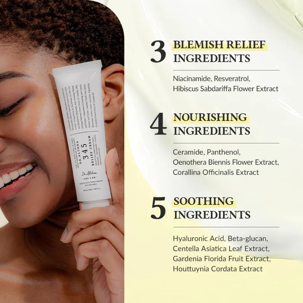 Woman holding a skincare product with listed ingredients on a beige background