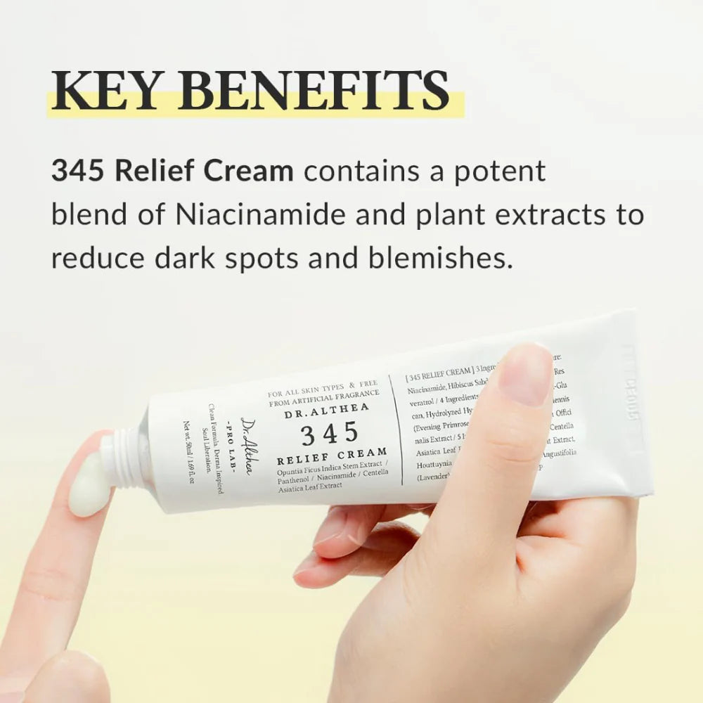 Hand holding a tube of Dr. Altura 345 Relief Cream with text about its key benefits on a light background.