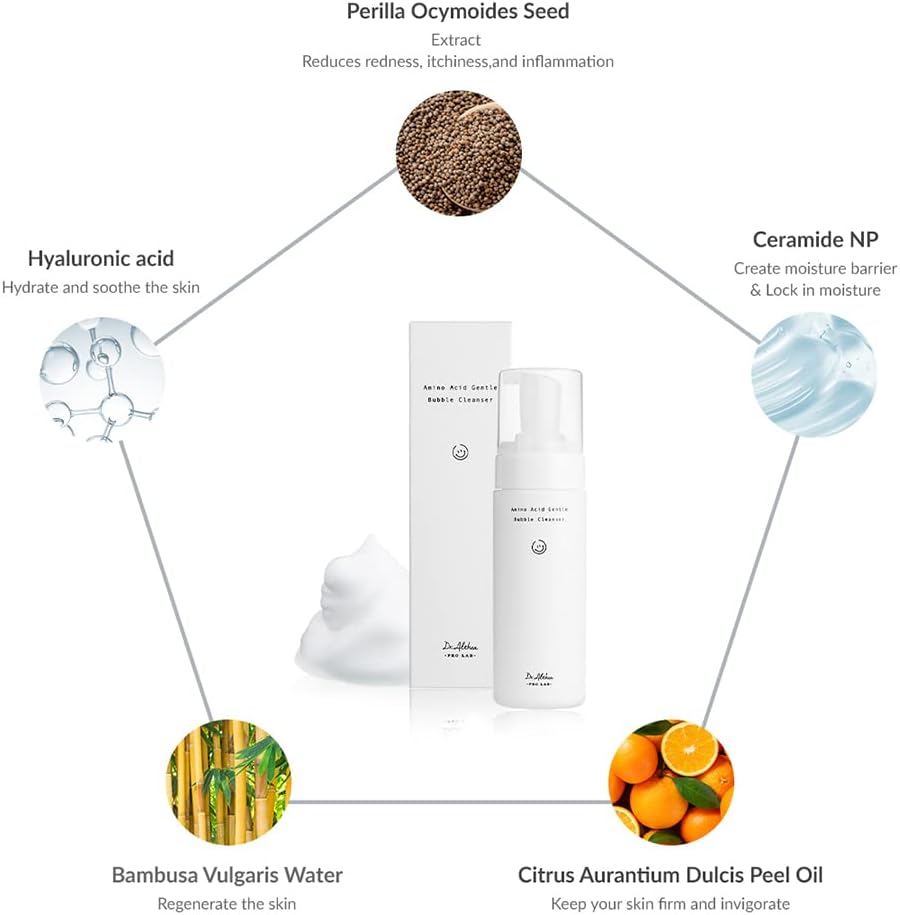 Dr. Althea Bubble Cleanser with Perilla Seed, Ceramide NP, Hyaluronic Acid, and Citrus Peel Oil. Hydrates, soothes, and repairs the skin barrier.