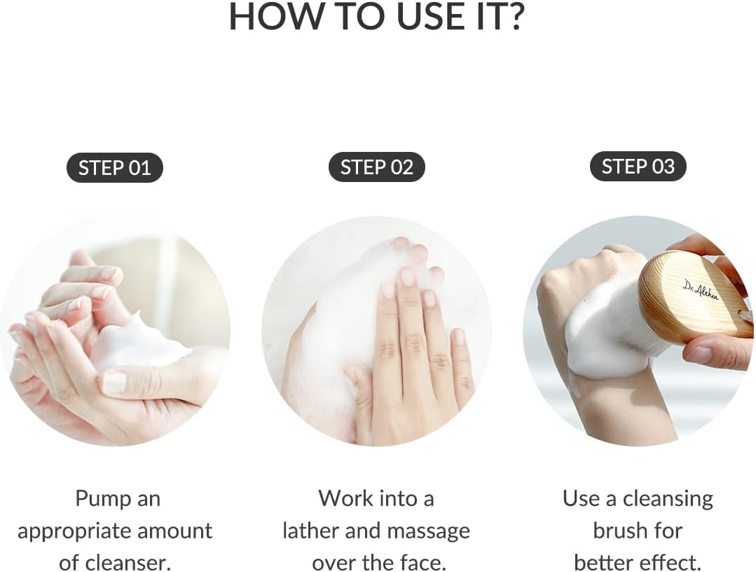 Step by step guide for using Dr. Althea Amino Acid Bubble Cleanser: pump foam, lather, massage onto skin, and use a cleansing brush for better results.