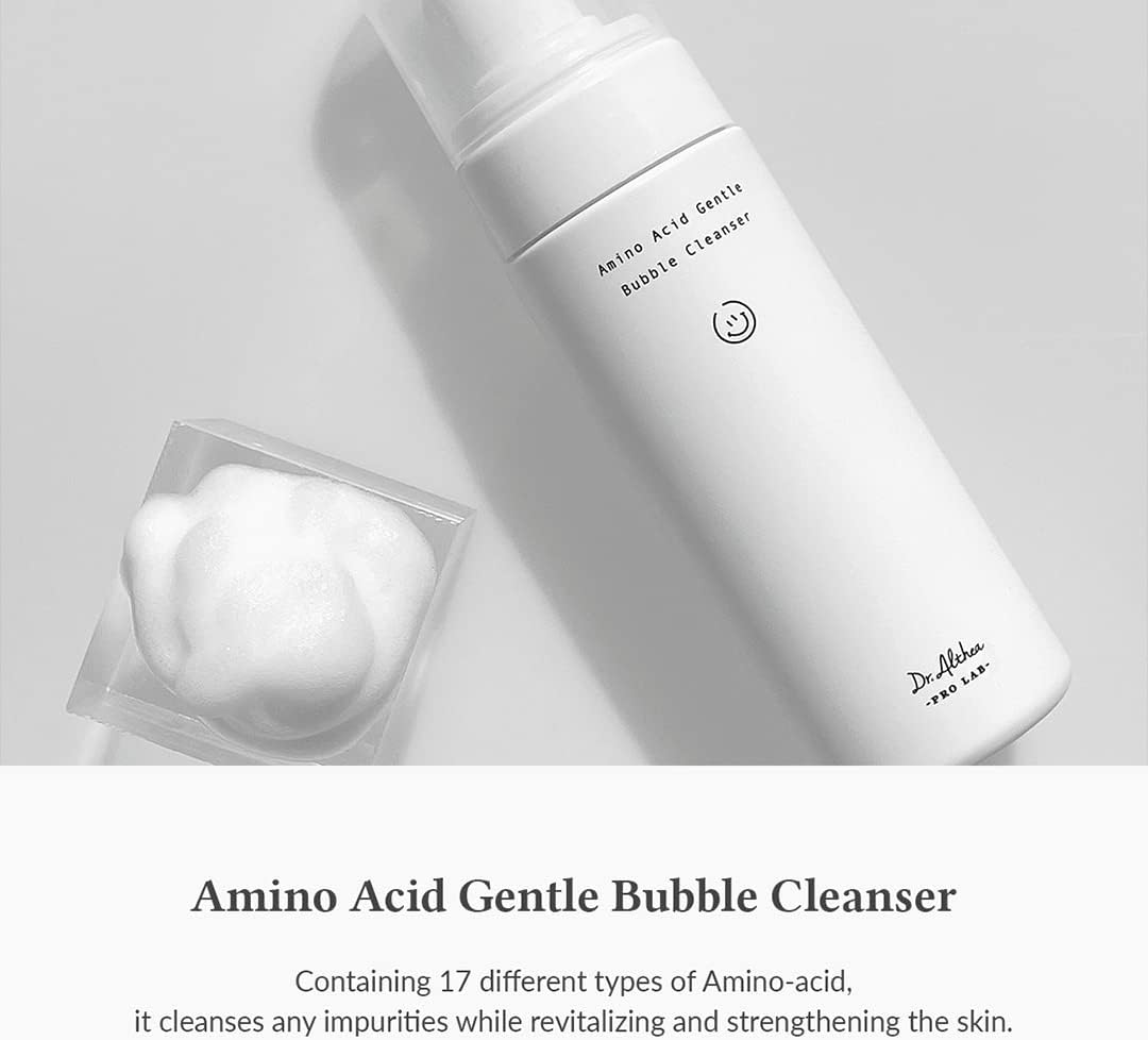 Dr. Althea Amino Acid Gentle Bubble Cleanser in a sleek white bottle. Contains 17 amino acids for deep cleansing, hydration, and skin barrier support.