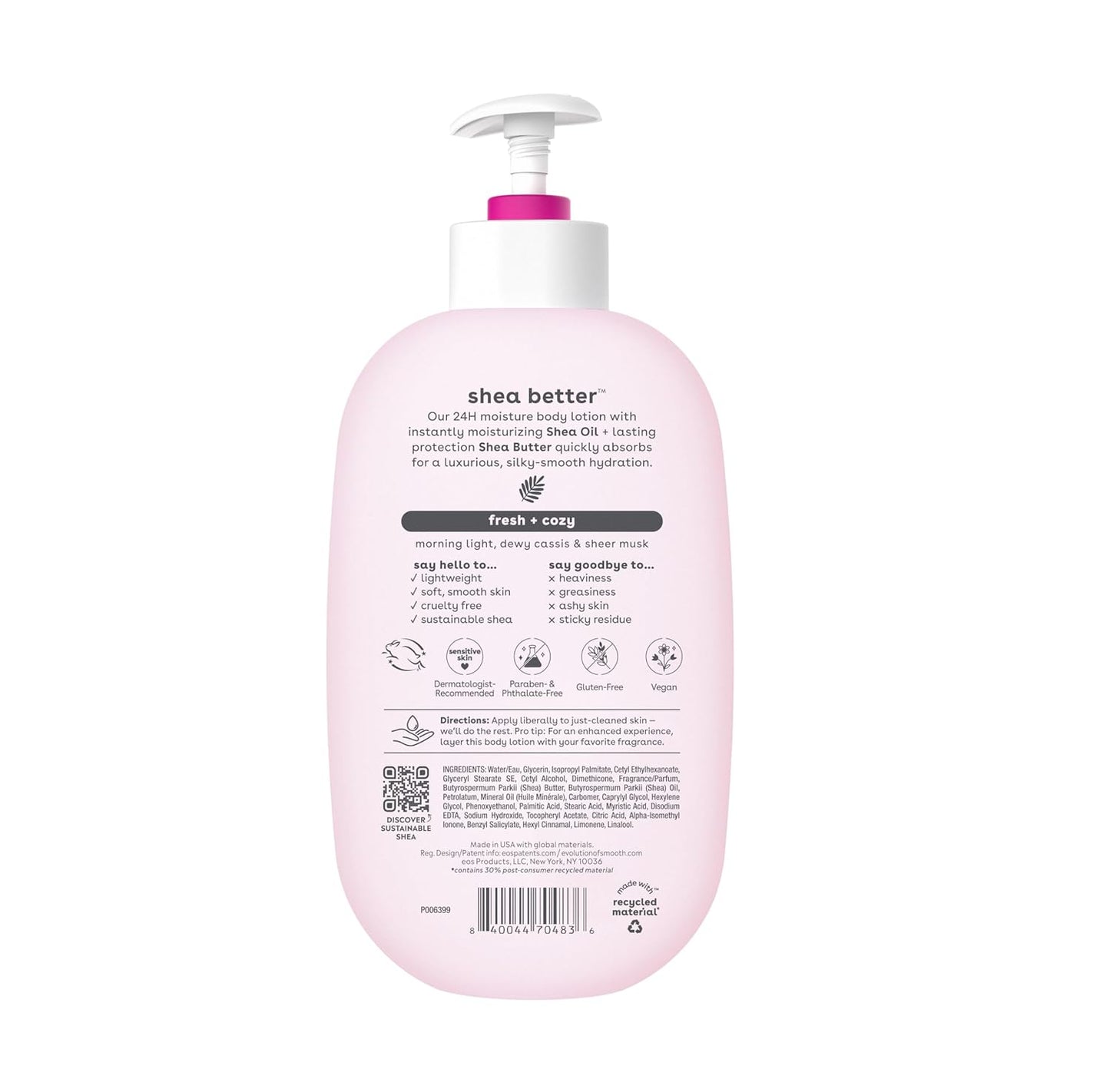 A pink bottle of eos Shea Better 24H Body Lotion - Fresh + Cozy (473ml) with a white pump. The back label lists benefits, ingredients, usage tips, and icons for cruelty-free, vegan, and recyclable packaging—like similar lotions.