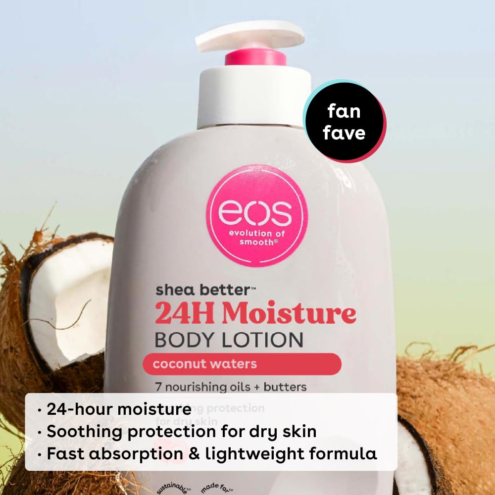 Image of EOS Shea Better 24H Body Lotion in Coconut Waters scent (473ml) enriched with shea butter, surrounded by coconut halves on a light background. Text highlights features: 24-hour moisture, soothing for dry skin, and fast absorption.