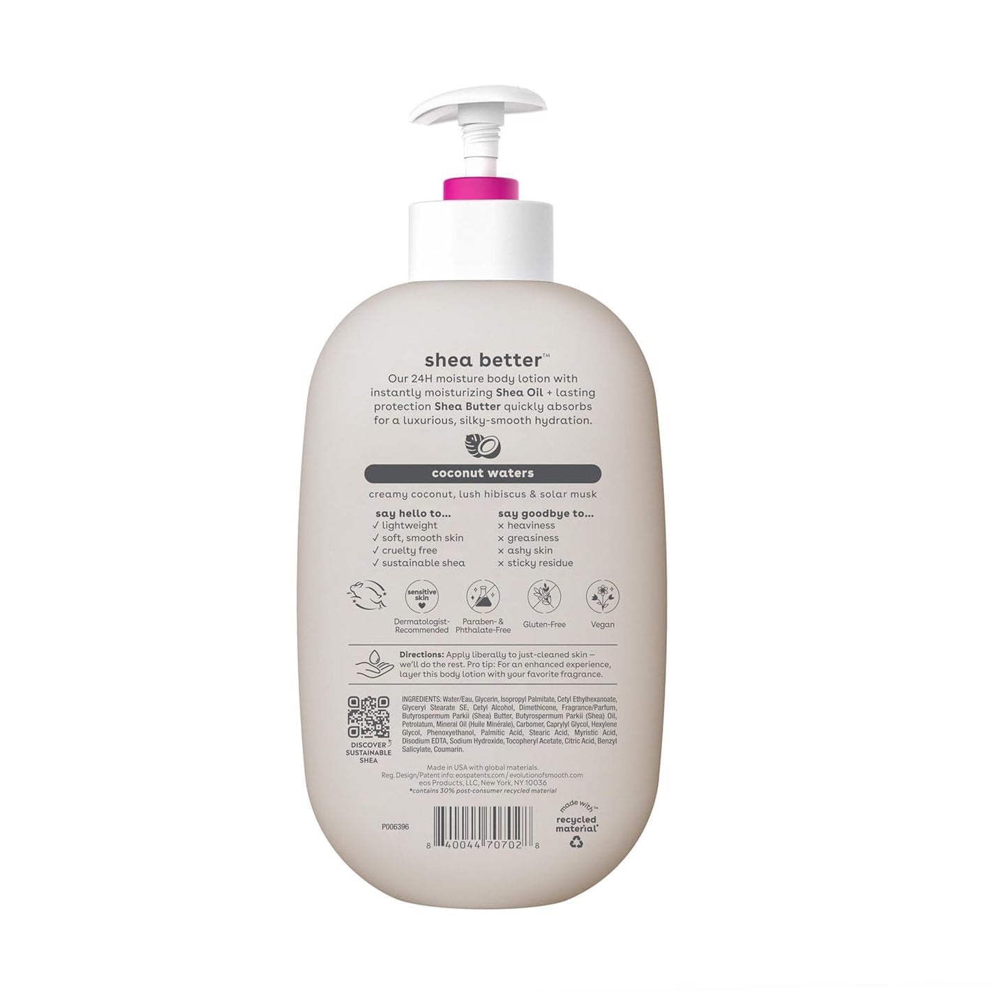 The EOS Shea Better 24H Body Lotion in Coconut Waters scent offers a refreshing, cruelty-free, vegan formula with shea butter for added hydration. Packaged in a white bottle with a pump, it promises 24-hour moisture. Features are detailed on the back of the 473ml bottle.