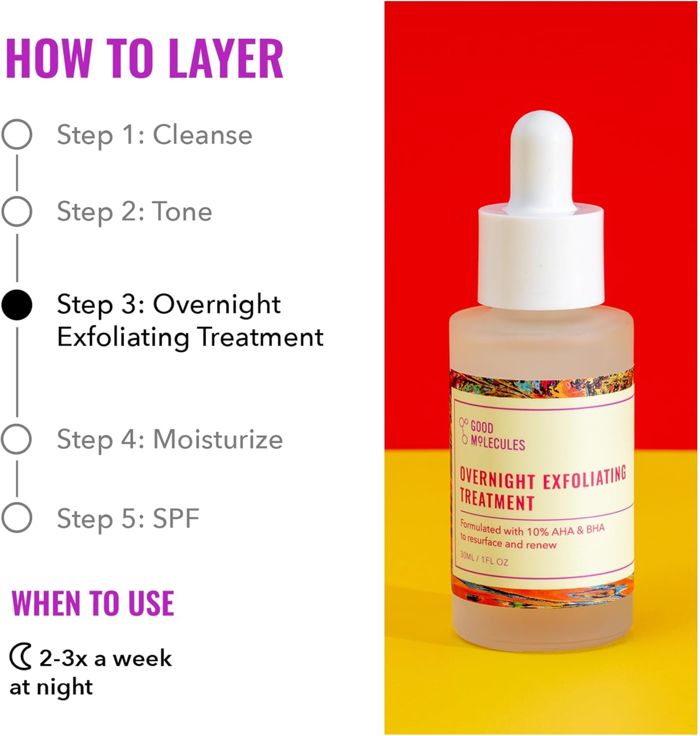 How to use Good Molecules Overnight Exfoliating Treatment. step by step layering guide for best skincare routine results.