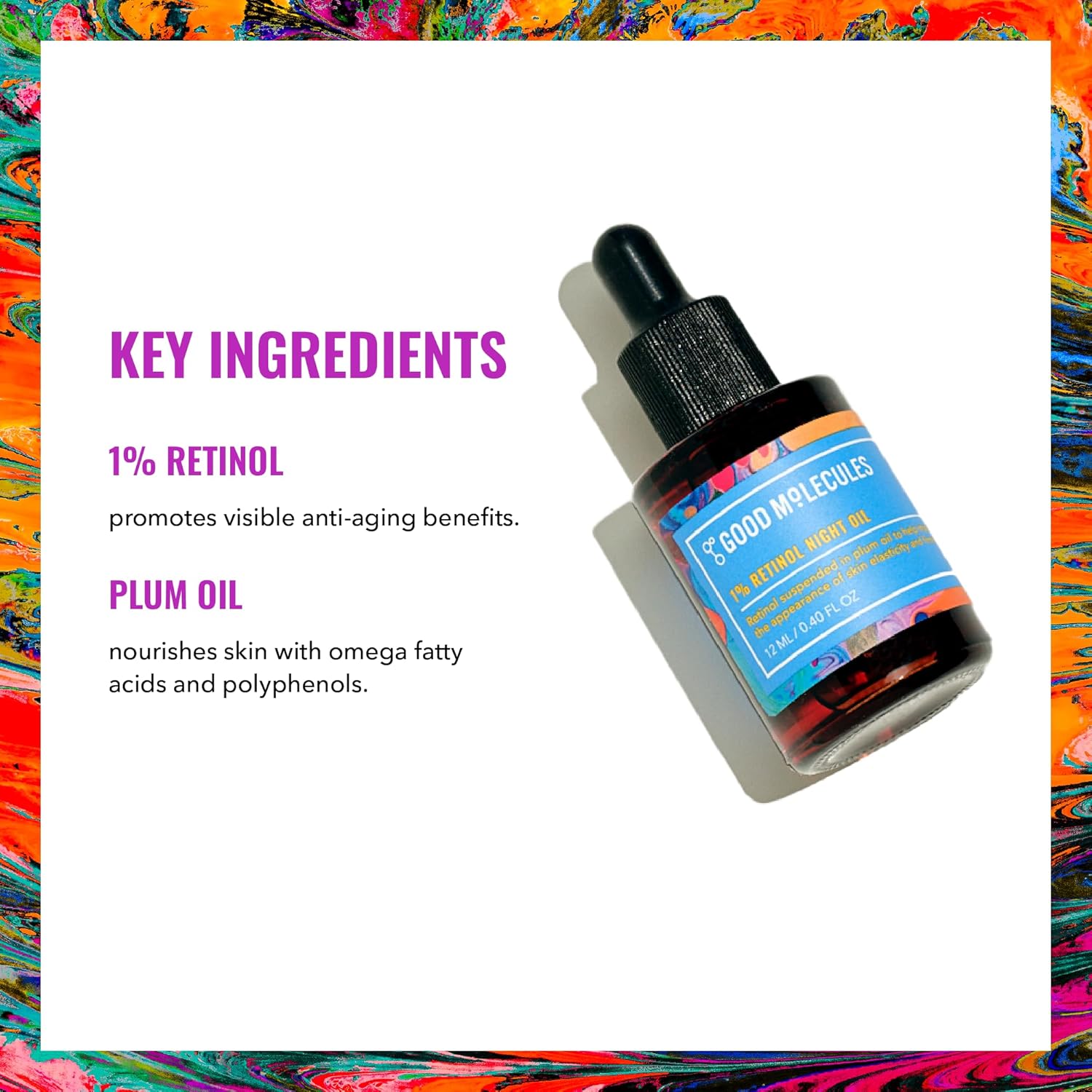 Good Molecules 1% Retinol Night Oil with key ingredients 1% Retinol for anti-aging benefits and Plum Oil to nourish skin with omega fatty acids and polyphenols.