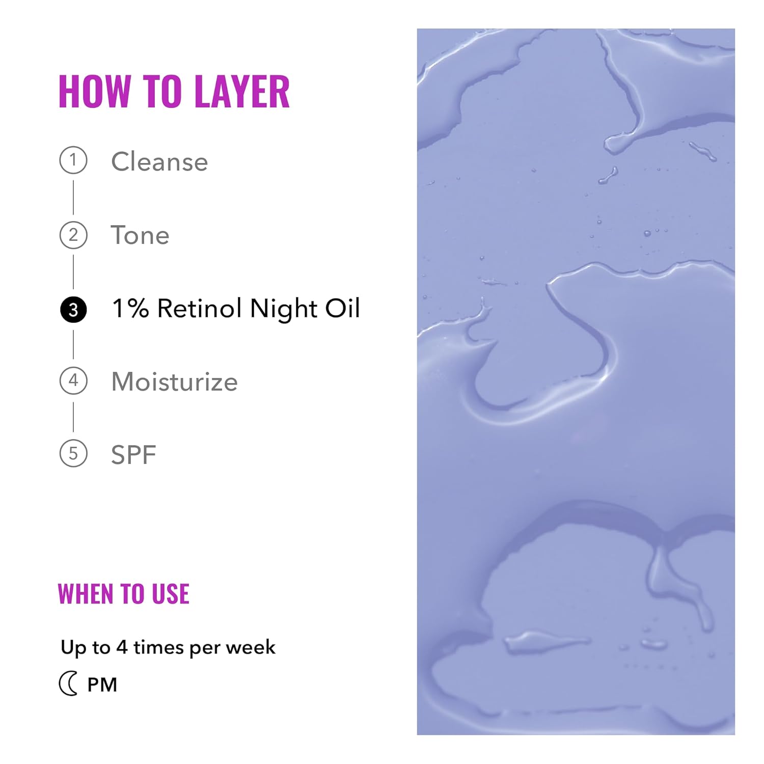 How to layer Good Molecules 1% Retinol Night Oil in a skincare routine: Cleanse, Tone, Apply Retinol Oil, Moisturize, and SPF. Use up to 4 times per week at night.