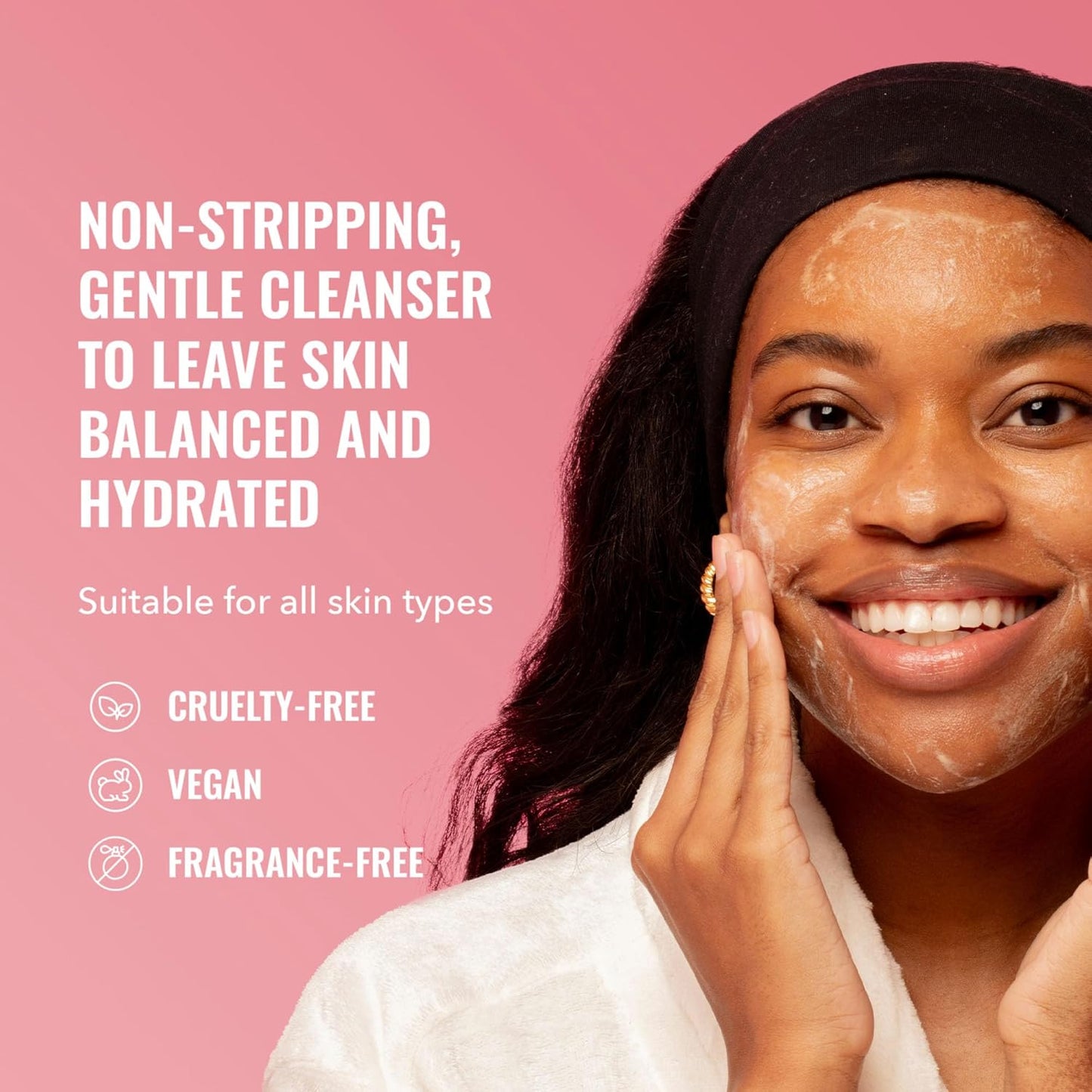 A woman with a headband applies Good Molecules Hydrating Facial Cleansing Gel, infused with rosewater, against a pink background. Text says: pH-balanced cleanser for hydration and balance. Suitable for all skin types. Cruelty-free, vegan, fragrance-free.