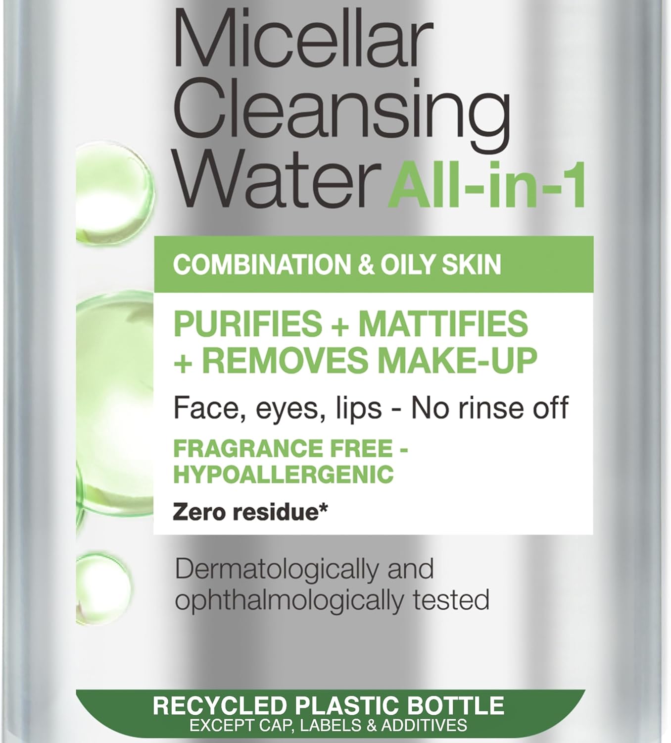 Close-up of Garniers Micellar Cleansing Water label, a facial cleanser for combination and oily skin that purifies, mattifies, and removes makeup. Its fragrance-free, hypoallergenic, dermatologically tested, with recycled plastic bottle text at the bottom.
