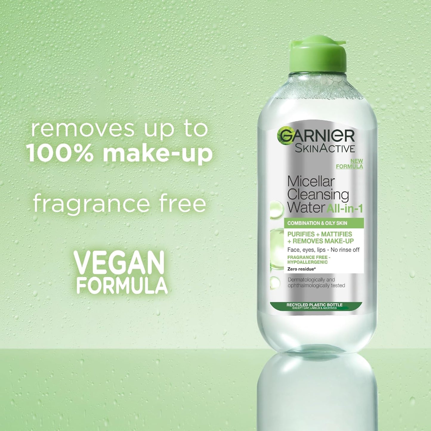 Garnier Micellar Cleansing Water is set against a watery green backdrop, with text noting it removes up to 100% make-up, is fragrance free, and has a vegan formula. The label emphasizes benefits for combination and oily skin, making it an ideal cleanser and makeup remover.
