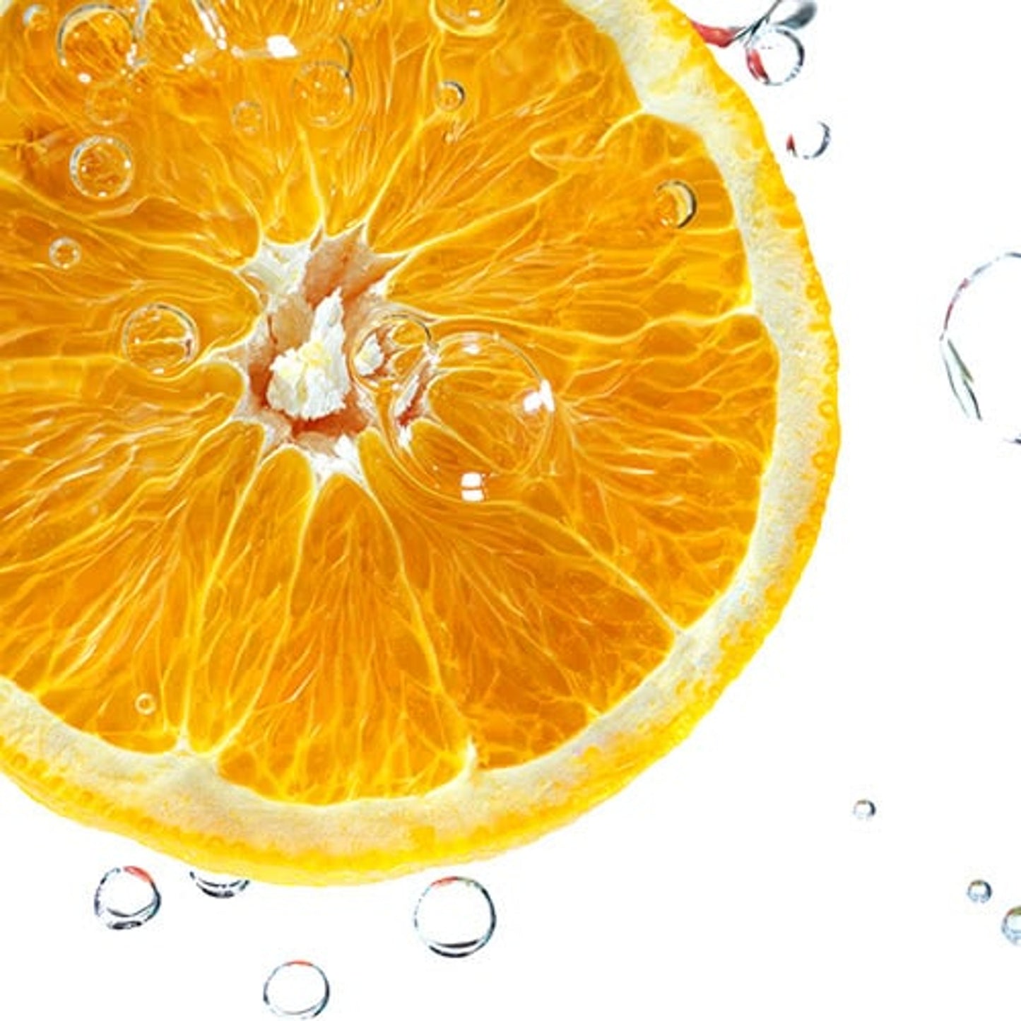 A close-up of a juicy orange slice with droplets and bubbles on a white background highlights its vibrant texture and segments, reminiscent of the Vitamin C-rich refreshment offered by OLAYs Cleansing & Nourishing Body Wash with Vitamin B3 and Vitamin C.
