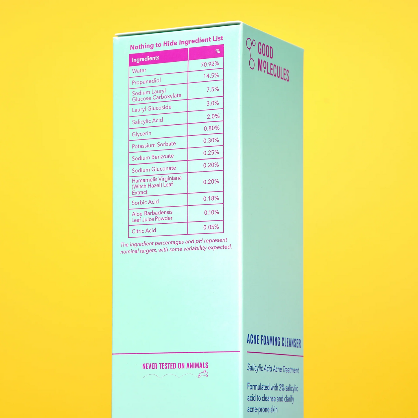 The image shows the side of a yellow box for Good Molecules Acne Foaming Cleanser with Salicylic Acid BHA - 148ml, highlighting ingredients like water, glycerin, and salicylic acid. It proudly states, Never tested on animals.