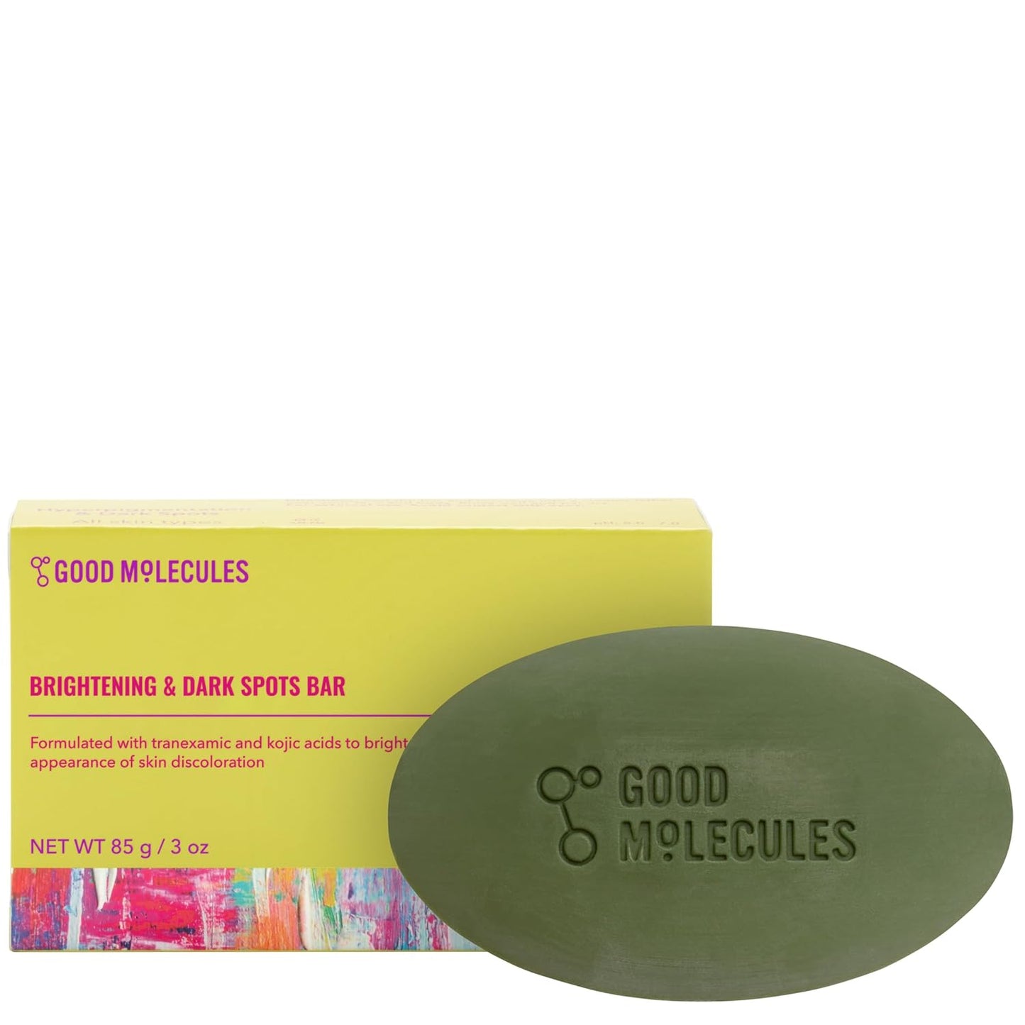 A vibrant yellow box labeled Good Molecules Brightening & Dark Spots Bar with Kojic Acid - 85g showcases a colorful design along its bottom edge. Inside, a dark green oval soap embossed with Good Molecules aims to reduce skin discoloration and enhance clarity.