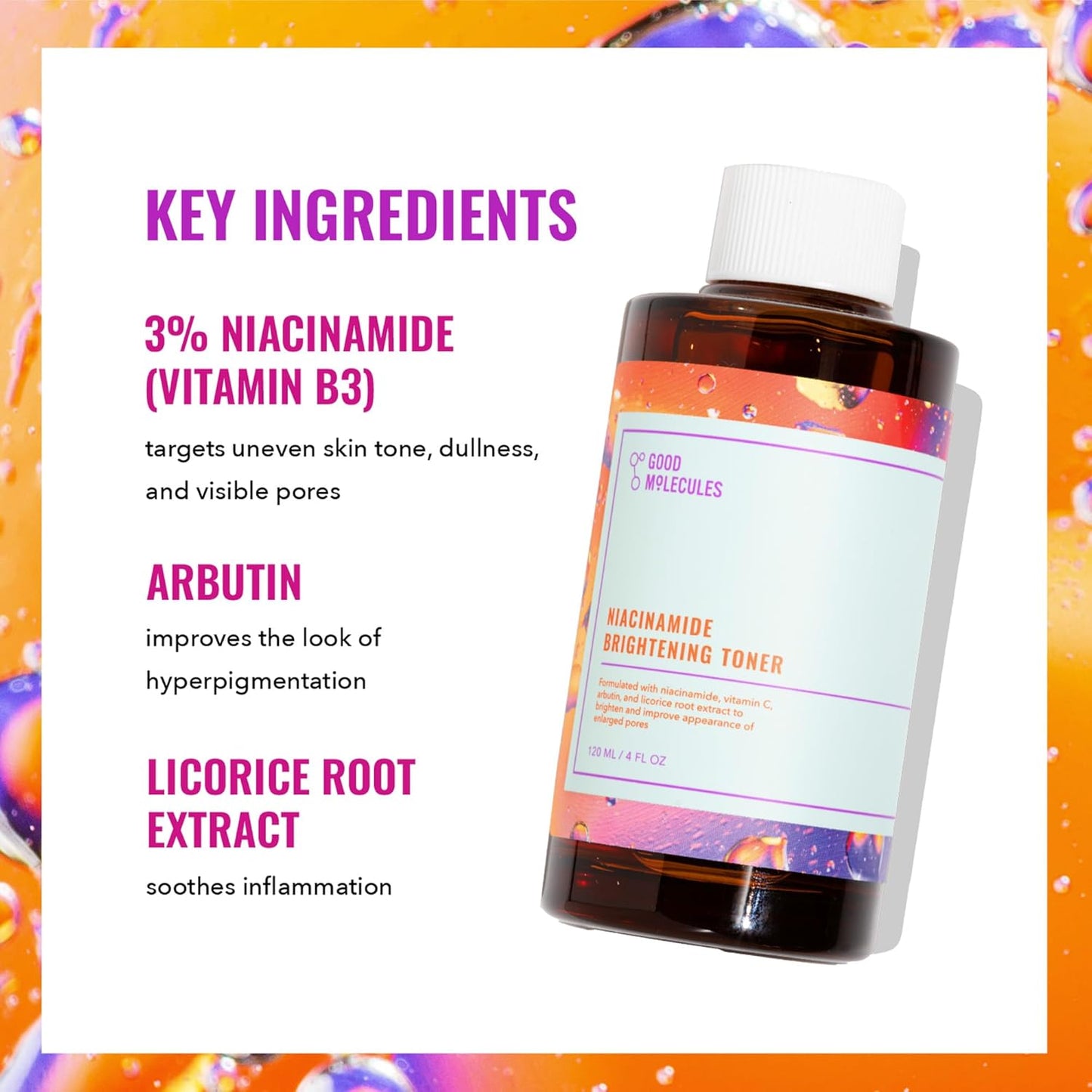 A vibrant promotional image highlights the Good Molecules Niacinamide Brightening Toner, featuring 3% Niacinamide for skin tone and pores, Arbutin for hyperpigmentation, and Licorice Root Extract to soothe inflammation, with the sleek toner bottle prominently displayed.