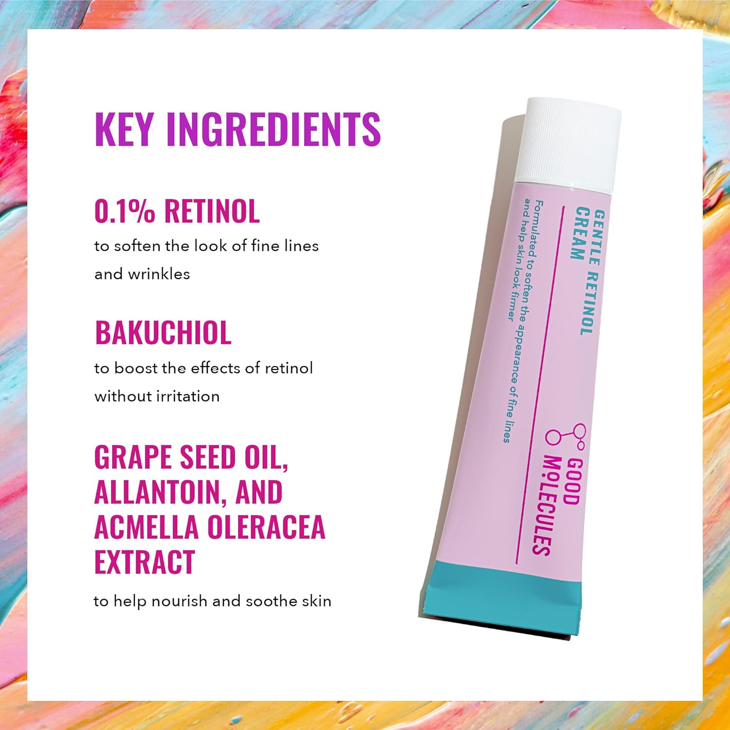 Ad for Good Molecules Gentle Retinol Cream - 30ML/1 FL OZ showcases its anti-aging formula with 0.1% retinol, bakuchiol, grape seed oil, allantoin, and acmella oleracea extract against a vibrant background to promote youthful skin.
