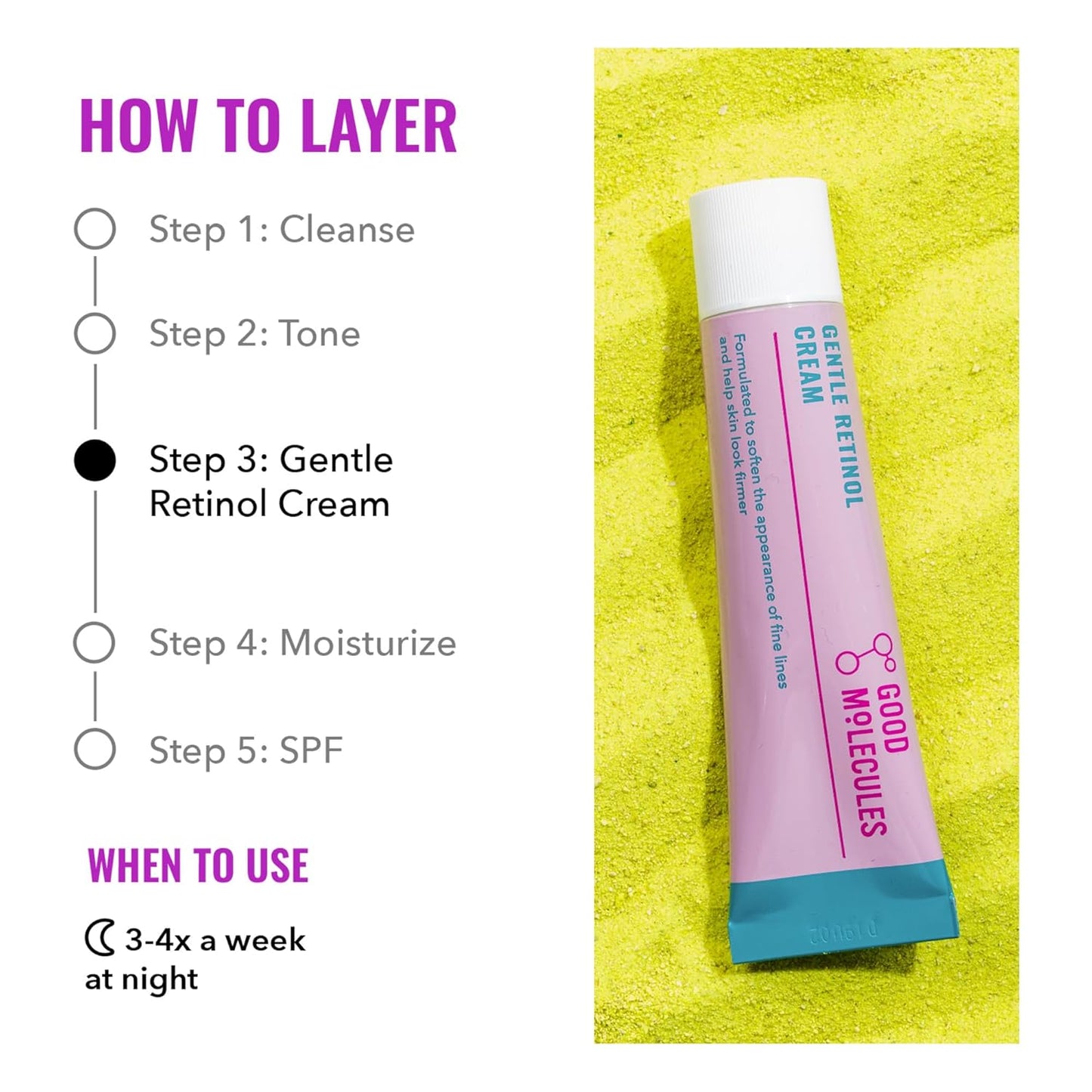 A Good Molecules Gentle Retinol Cream - 30ML/1 FL OZ tube rests on yellow sand. To the left are instructions for youthful skin: Step 1: Cleanse, Step 2: Tone, Step 3: Apply Gentle Retinol Cream, Step 4: Moisturize, Step 5: Use SPF. Follow this anti-aging routine nightly, 3-4 times a week.