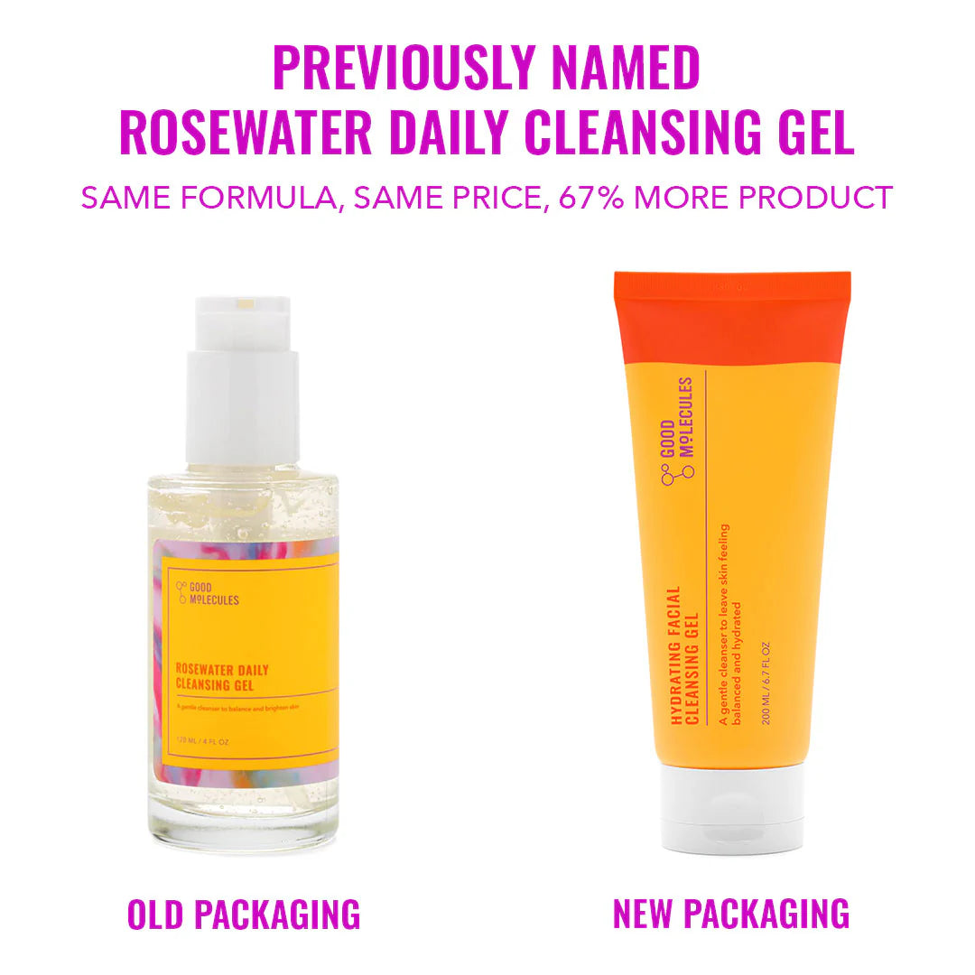 Comparison of skincare packaging: Left is a glass pump bottle labeled Rosewater Daily Cleansing Gel with a pH-balanced formula. Right is Good Molecules 200ml Hydrating Facial Cleansing Gel in an orange-yellow tube. New packaging offers 67% more product.