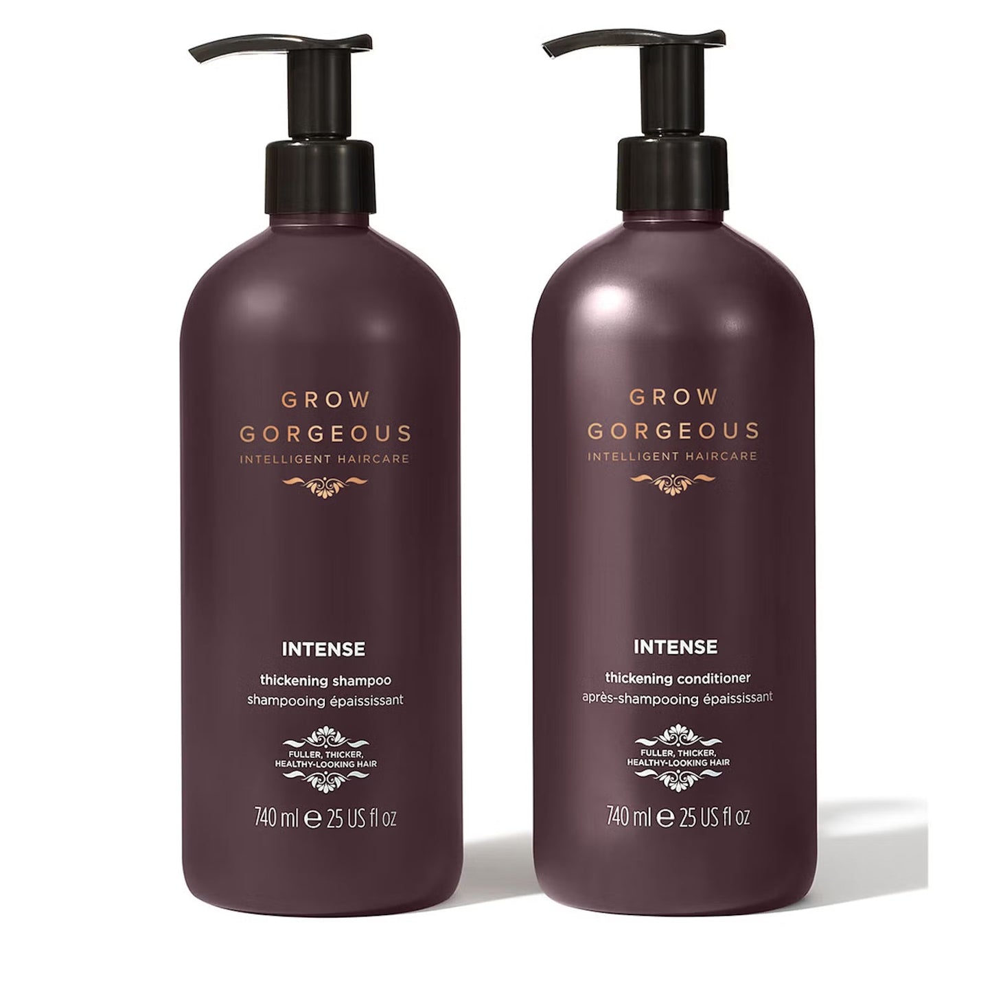 Two bottles of 'Grow Gorgeous' Intense thickening shampoo and conditioner on a white background