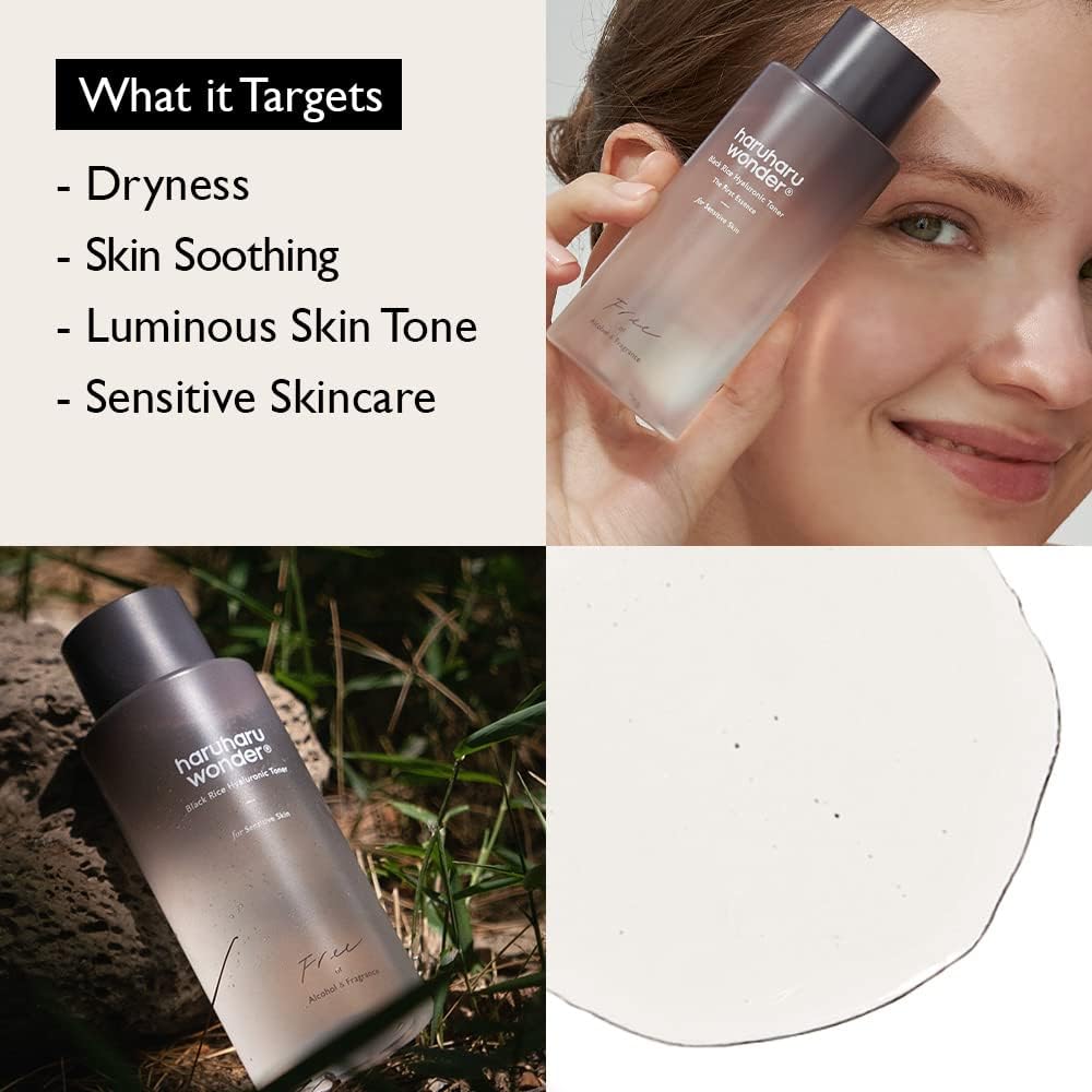 A woman holds a Haruharu WONDER Black Rice Hyaluronic Toner. This fragrance-free 150ml bottle uses Ultra Deep Technology for dryness relief, soothing sensitive skin, and promoting a luminous tone. Below, it rests on grass showcasing its luxurious texture.