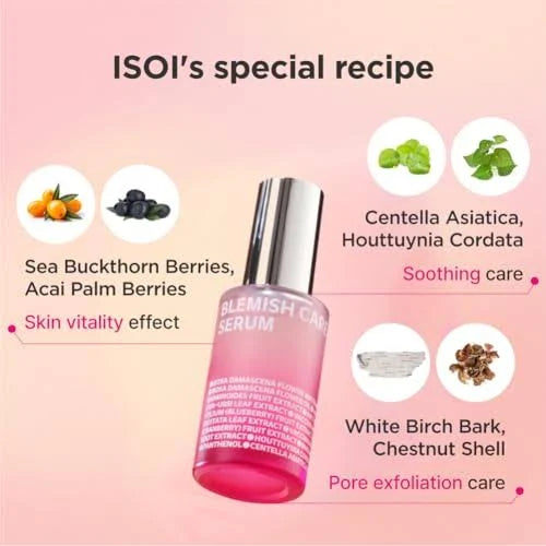 ISOI Blemish Care Serum infographic highlighting key ingredients like Sea Buckthorn, Centella Asiatica, and White Birch Bark for skin vitality, soothing, and exfoliation.