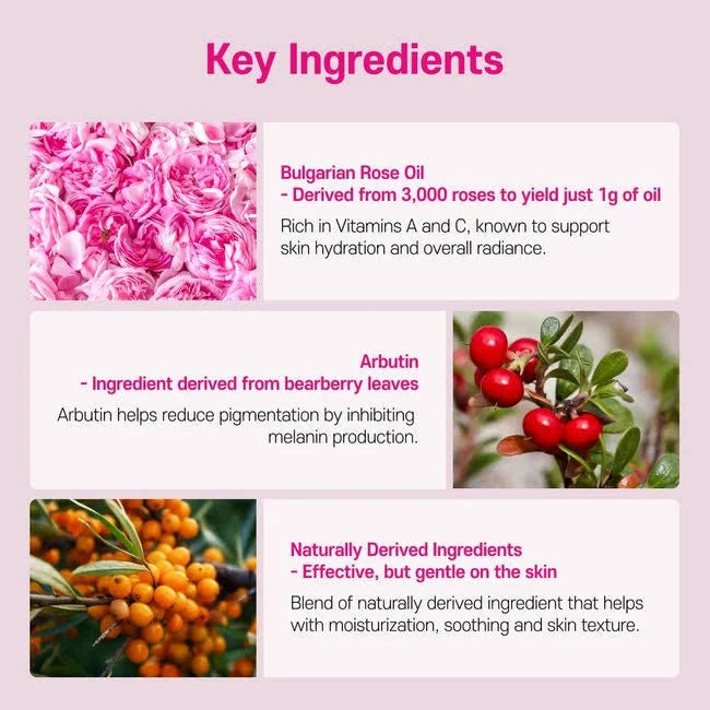 ISOI Blemish Care Serum key ingredients infographic, highlighting Bulgarian Rose Oil, Arbutin, and naturally derived extracts for hydration, brightening, and skin soothing.