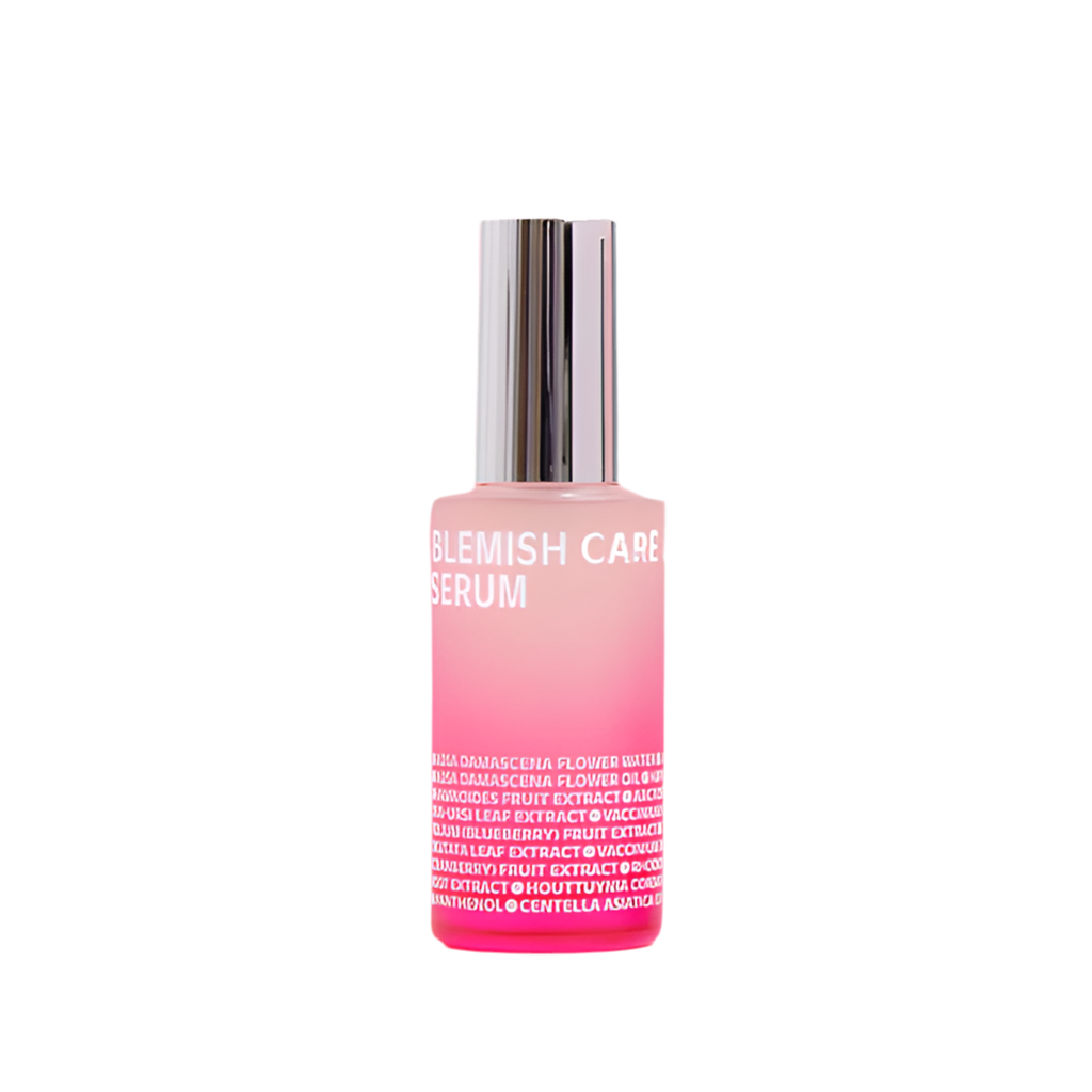 ISOI Blemish Care Serum in a pink gradient bottle with a silver cap, formulated with Bulgarian Rose Oil and Arbutin to brighten skin and reduce dark spots.