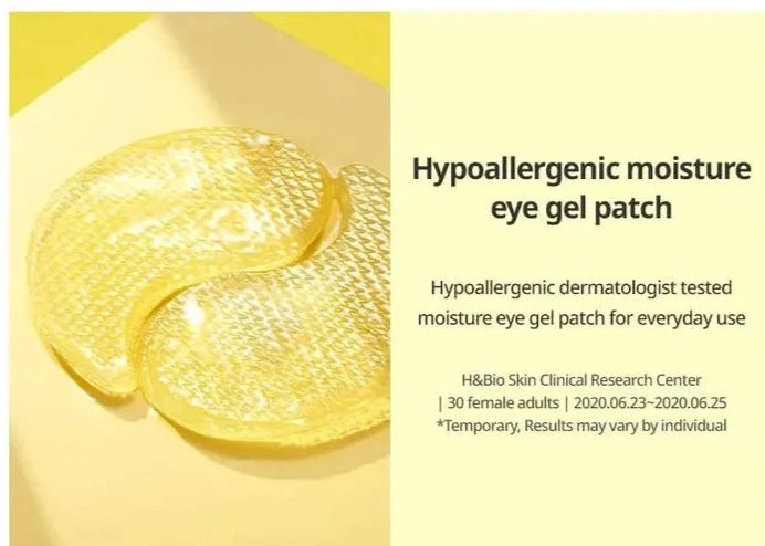 Advertisement for Goodal Green Tangerine Vita-C Eye Gel Patch 72g. The image features two yellow gel patches with vitamin C targeting dark circles, along with clinical research details and a note that results may vary. Brand: Goodal.