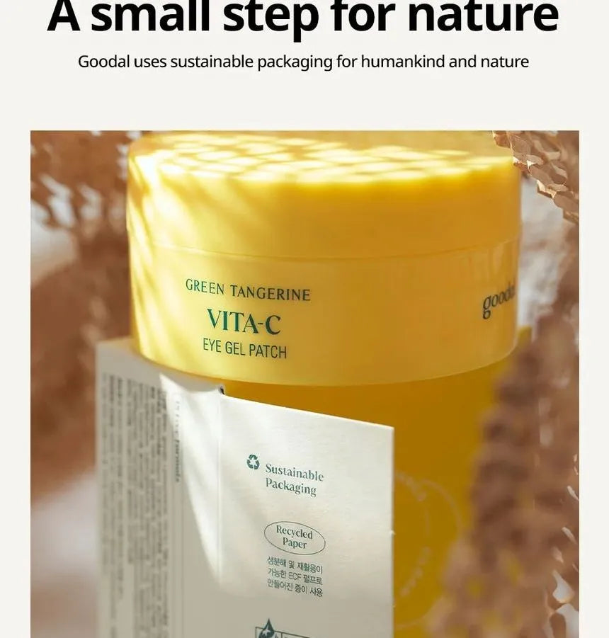 The Goodal Green Tangerine Vita-C Eye Gel Patch 72g comes in sustainable yellow packaging, enriched with vitamin C to help reduce dark circles, reflecting the brands commitment to people and nature.