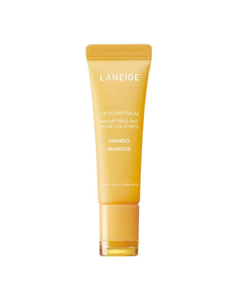 The Laneige Lip Glowy Balm - Mango 10g in a yellow tube provides luscious hydration. The packaging features the product name and description in English and French with a sleek, glossy design akin to top-tier lip gloss.