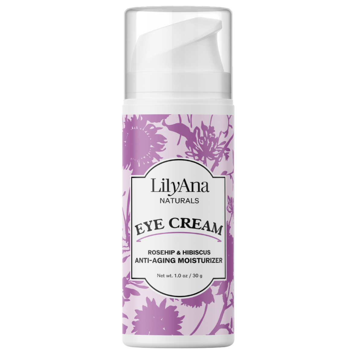 LilyAna Naturals eye cream bottle with purple floral design on a white background