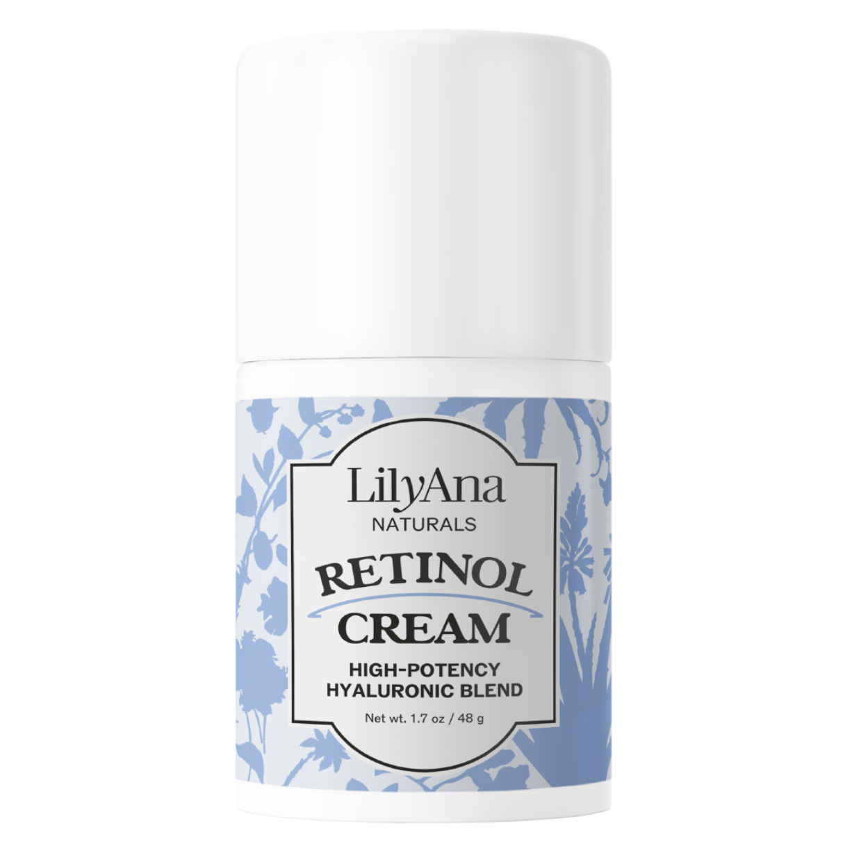 LilyAna Naturals Retinol Cream container with blue floral design on a white background