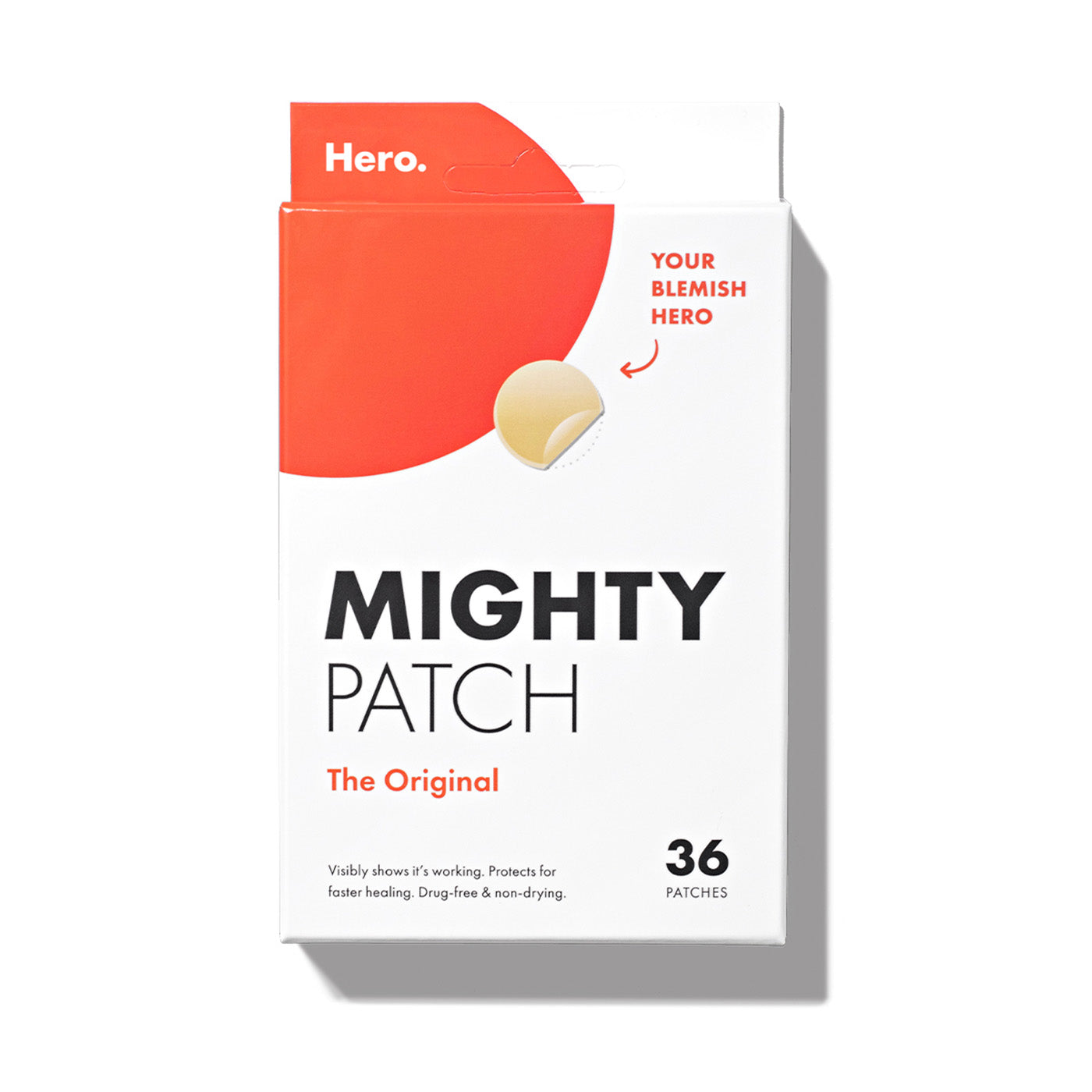 The image showcases Hero Cosmetics Mighty Patch® The Original, a 36 Hydrocolloid pimple patch set. The mostly white box features red accents and highlights its fast-healing and drug-free formula with an illustration of a patch.
