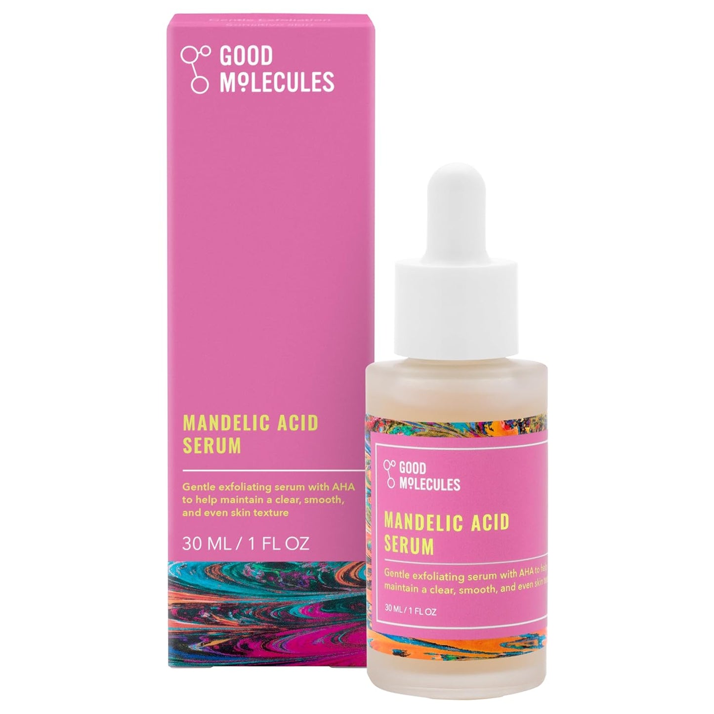 Good Molecules Mandelic Acid Serum (30ml/1oz) in a glass dropper bottle with a pink label, next to its matching pink box featuring product details.