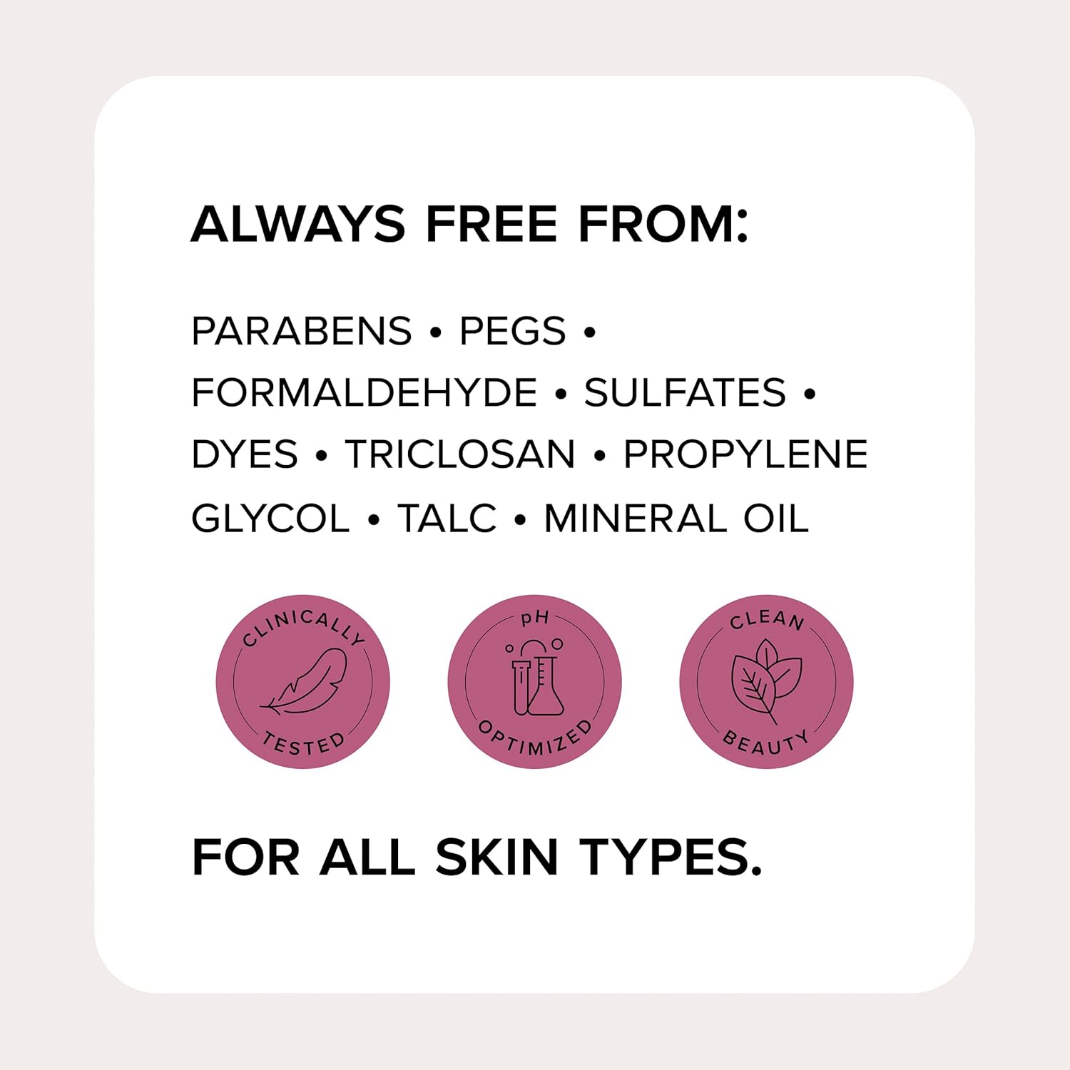 The MEDIX 5.5 Body Cream with Retinol + Ferulic Acid features a square image listing absent ingredients: parabens, PEGs, formaldehyde, sulfates, dyes, triclosan, propylene glycol, talc, mineral oil. Clinically tested and pH optimized for anti-aging benefits on all skin types while promoting clean beauty.