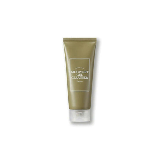 The Im From Mugwort Gel Cleanser 150ml features a muted green design with white text, an upright tube, and a semi-transparent cap. Infused with cold extraction processes for effective pore cleansing, it embodies simplicity and elegance in skincare.