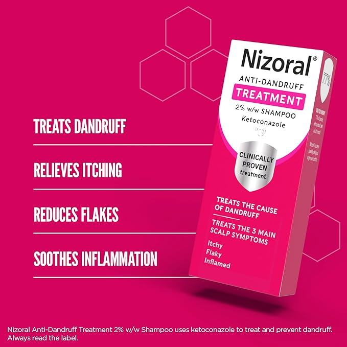 The pink box of Nizoral Anti-dandruff Shampoo with Ketoconazole claims to effectively treat dandruff, relieve itching, reduce flakes, and soothe inflammation as a clinically proven solution for a healthier scalp.