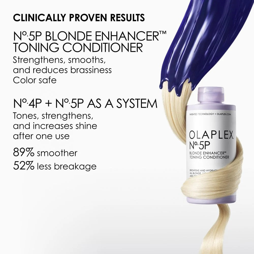 A bottle of OLAPLEX No. 5P Blonde Enhancer Toning Conditioner 250ml with blonde hair wrapped around it and purple conditioner smeared above. Text highlights Bond Building Technology: smooths, strengthens, tones, and reduces brassiness.
