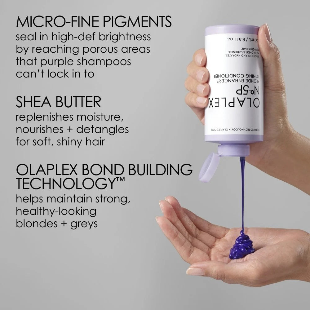 A hand squeezes a bottle of OLAPLEX No. 5P Blonde Enhancer Toning Conditioner 250ml, dispensing purple conditioner. Text highlights micro-fine pigments, shea butter, and OLAPLEX Bond Building Technology benefits.