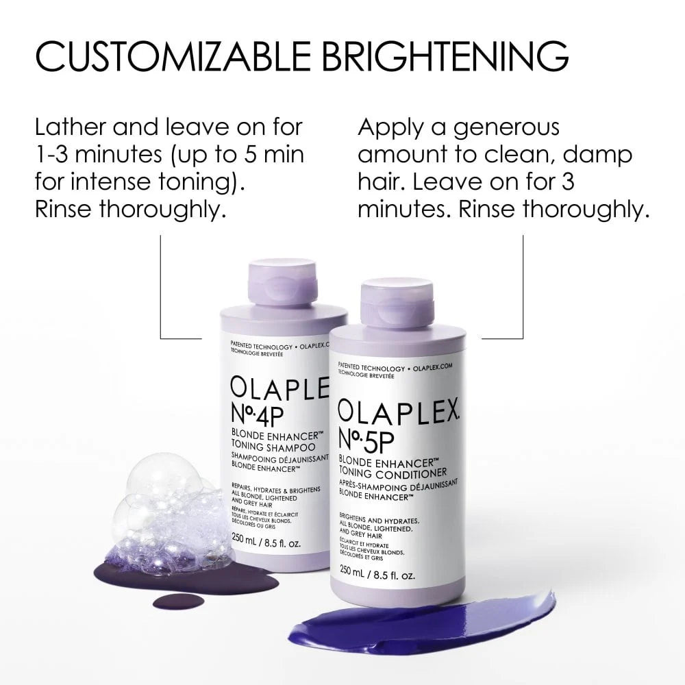 A bottle of OLAPLEX No. 5P Blonde Enhancer Toning Conditioner 250ml with purple conditioner swatches rests on a white background; usage instructions and OLAPLEX Bond Building Technology are highlighted above.