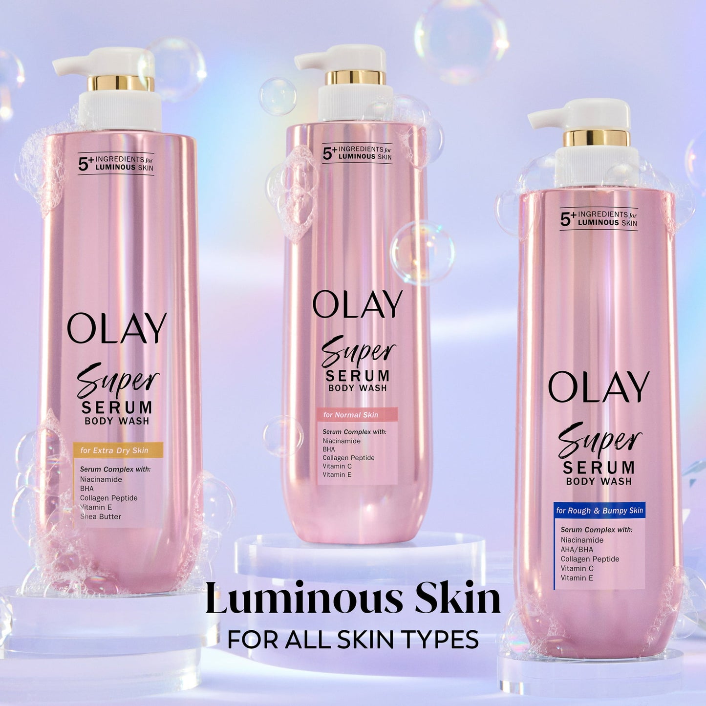 Three bottles of Olay Super Serum Body Wash on a light purple background with text 'Luminous Skin For All Skin Types'.