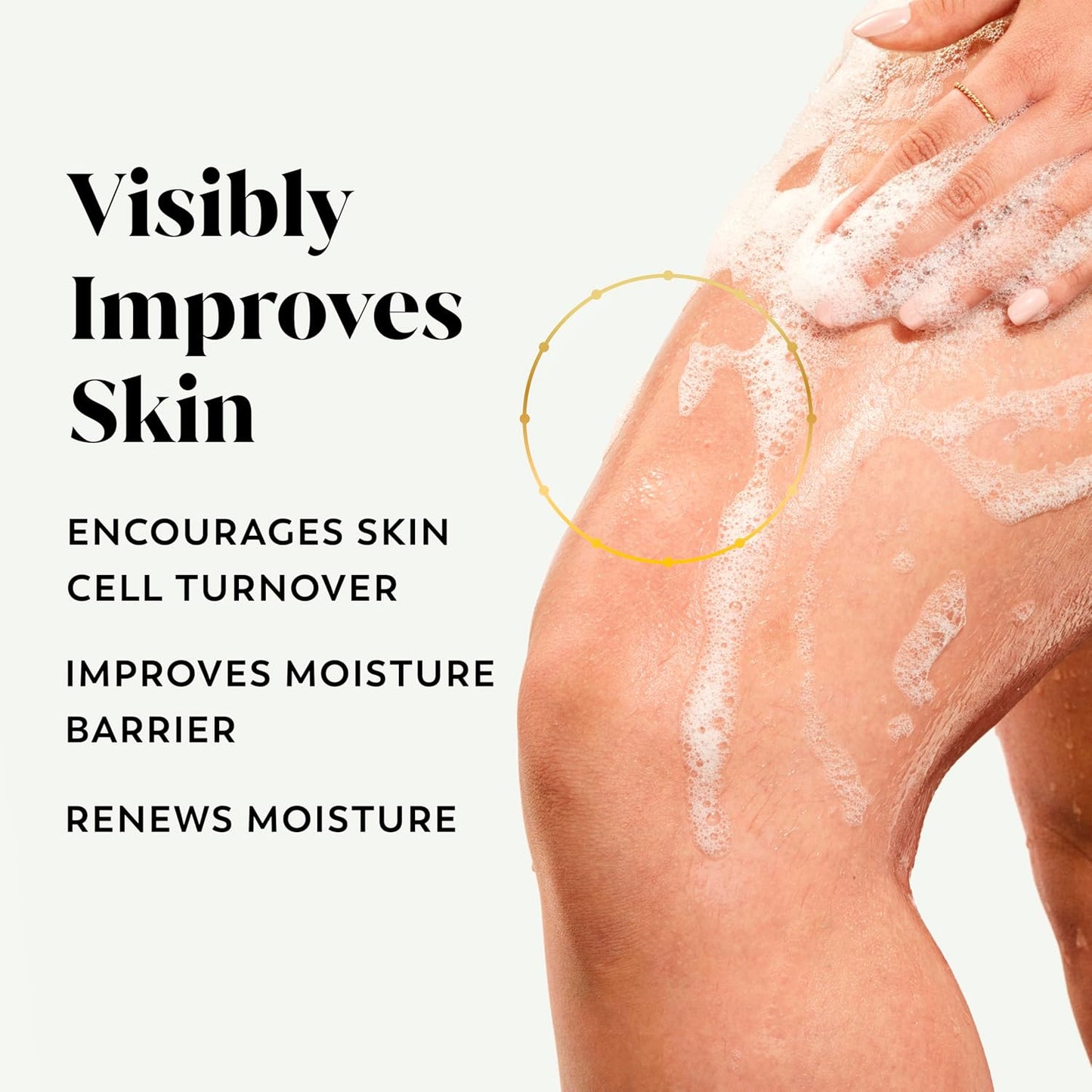 Person scrubbing leg with text about skin improvement benefits