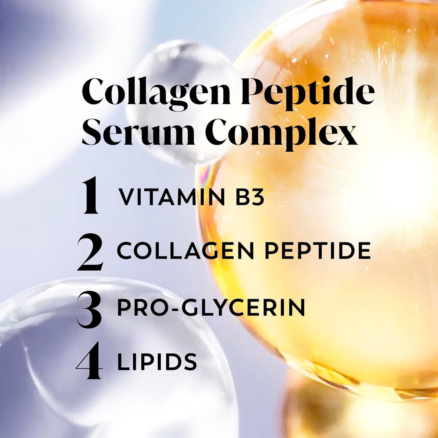 Collagen peptide serum complex with ingredients listed and close-up of serum.