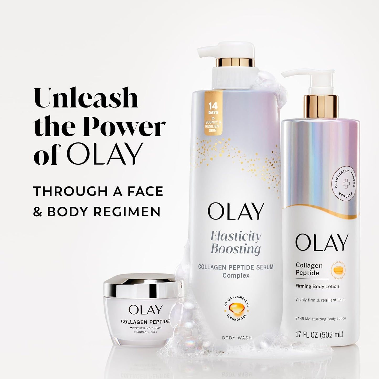 Olay skincare products including serum, body wash, and lotion on a white background with text 'Unleash the Power of Olay'.