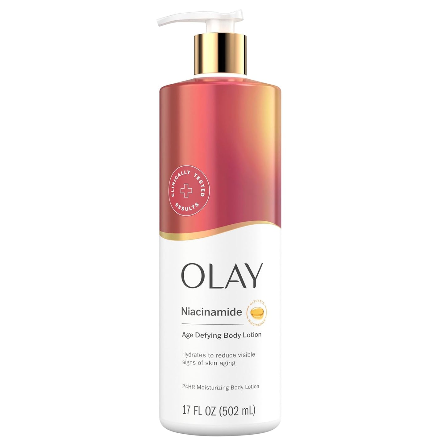 A 17 fl oz pump bottle of OLAY Age Defying Body Lotion with Niacinamide Serum and Vitamin B3 Complex features a gradient pink and gold label and hydrates skin to help reduce visible signs of aging.