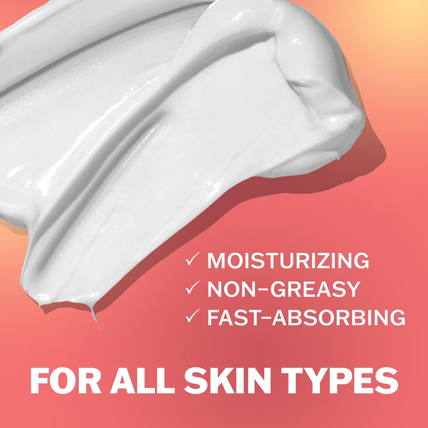 White cream on a pink-orange gradient background lists: Moisturizing, Non-Greasy, Fast-Absorbing. Bold text: For All Skin Types. Features OLAY Age Defying Body Lotion with Niacinamide Serum and Vitamin B3 Complex for radiant skin.