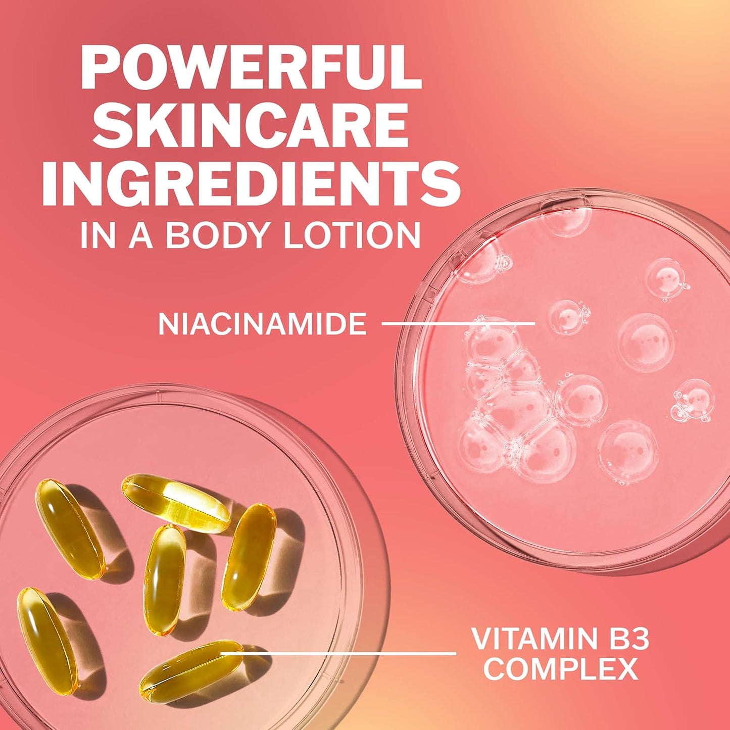 Two petri dishes sit on a pink and orange background: one holds yellow capsules labeled “Niacinamide,” the other has bubbly liquid labeled “Vitamin B3 Complex.” Bold text: OLAY Age Defying Body Lotion with Niacinamide Serum, Vitamin B3 Complex.