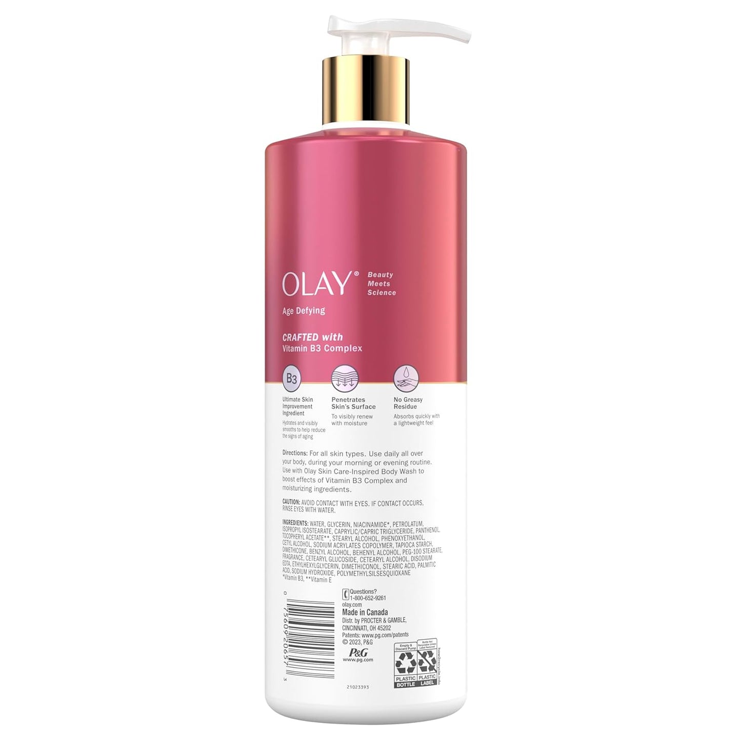 A pink and white pump bottle of OLAY Age Defying Body Lotion with Niacinamide Serum and Vitamin B3 Complex, featuring product details, usage instructions, and ingredients on the back label.