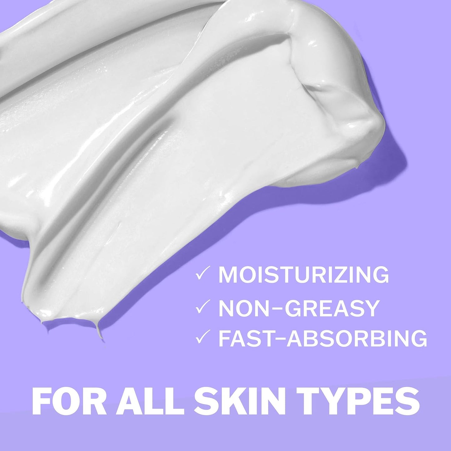 Close-up of white cream on a purple background with text: OLAY Retinol 24 Smoothing Body Lotion with Vitamin B3 Complex. Moisturizing, non-greasy, fast-absorbing, enriched with Vitamin B3. For all skin types.