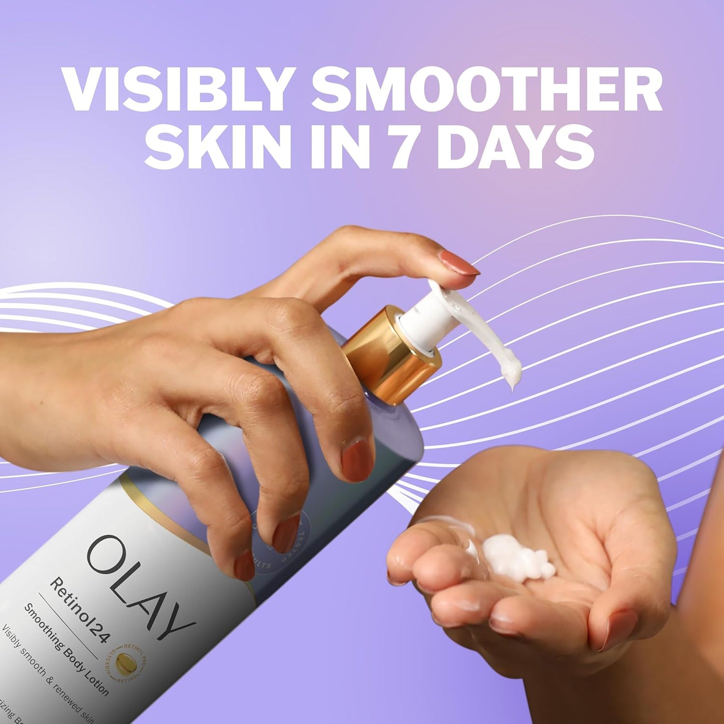 A person pumps OLAY Retinol 24 Smoothing Body Lotion with Vitamin B3 Complex onto their hand, as the text “Visibly smoother skin in 7 days” appears above on a purple background with white wavy lines.