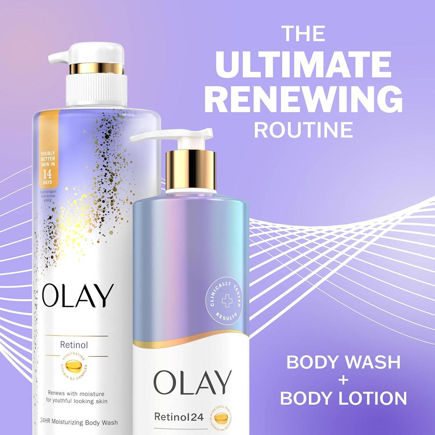Two OLAY products—a body wash and the Olay Retinol 24 Smoothing Body Lotion with Vitamin B3 Complex—are shown on a purple background with white lines. Text: The Ultimate Renewing Routine, Body Wash + Lotion with Retinol and Vitamin B3 Complex for moisture.